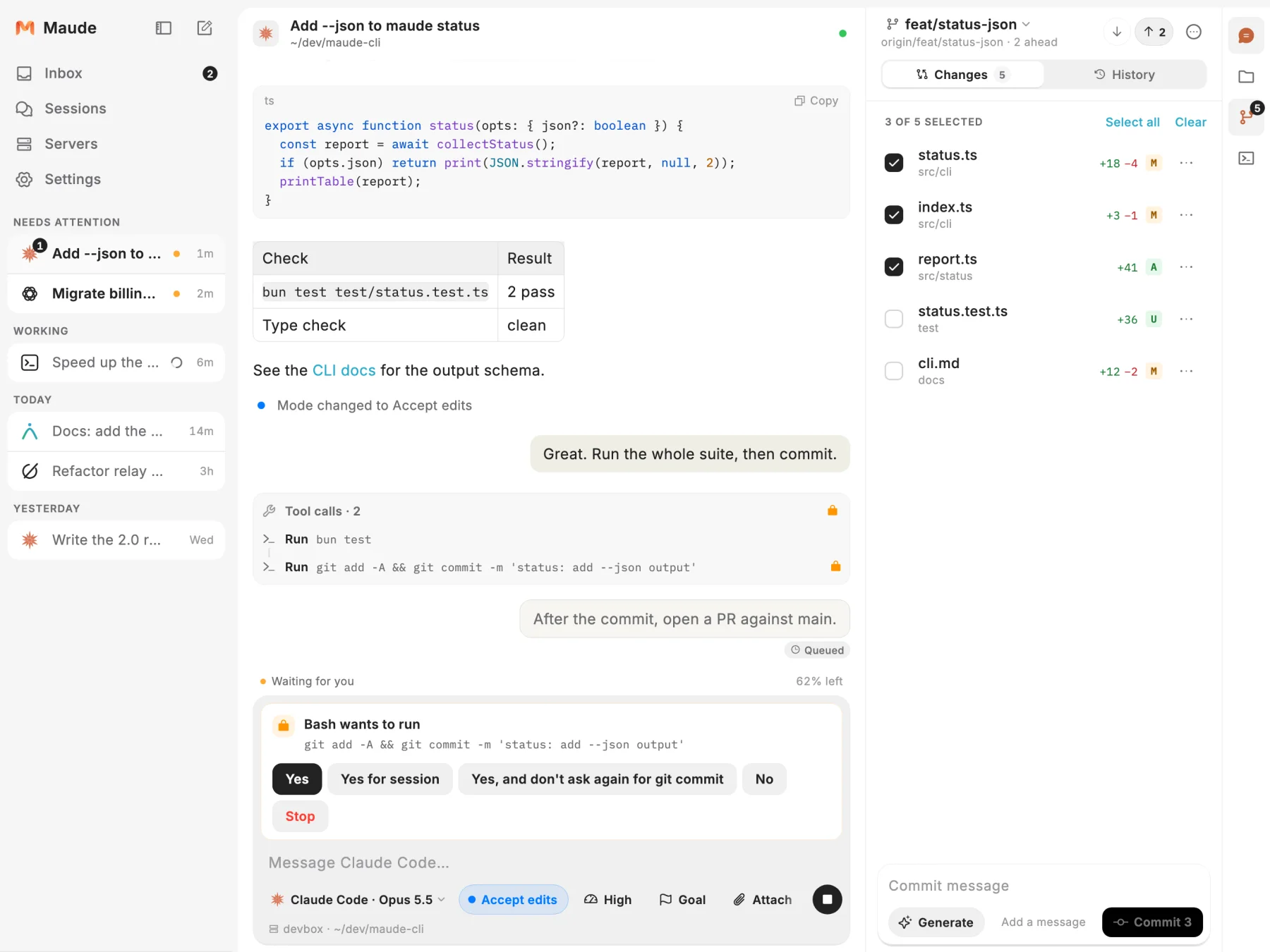 Maude on an iPad: sessions from five agents in the sidebar, Claude Code asking to run a git commit in the middle, and the git panel with the changed files and a commit box on the right
